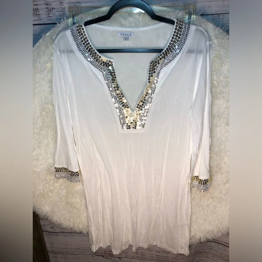 VENUS White Silver Embellished Tunic 3/4 Sleeve Medium NWOT - Picture 6 of 14